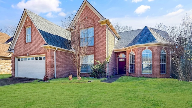 traditional-style house with aphalt driveway, brick siding, and a front lawn