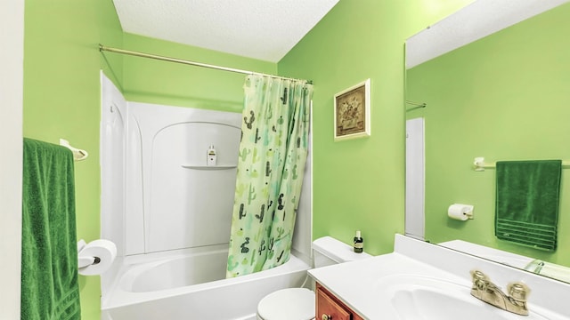 bathroom featuring shower / bath combination with curtain, toilet, a textured ceiling, and vanity