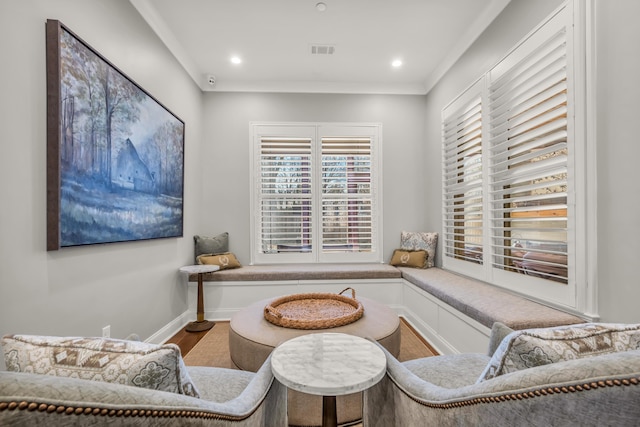 sitting room featuring recessed lighting, visible vents, baseboards, and wood finished floors