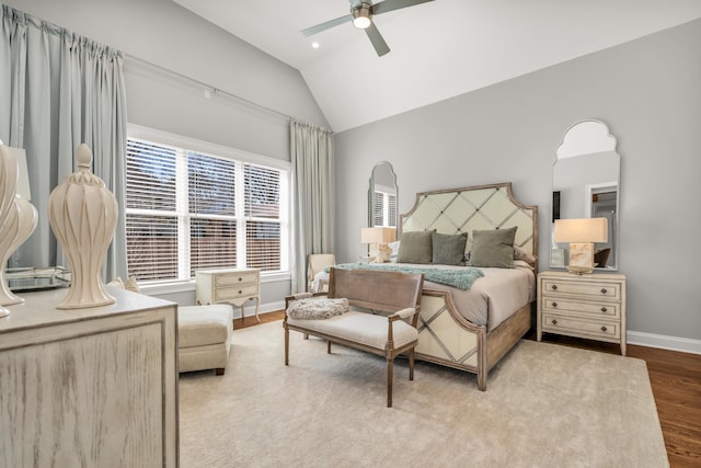 bedroom with wood finished floors, baseboards, recessed lighting, ceiling fan, and vaulted ceiling