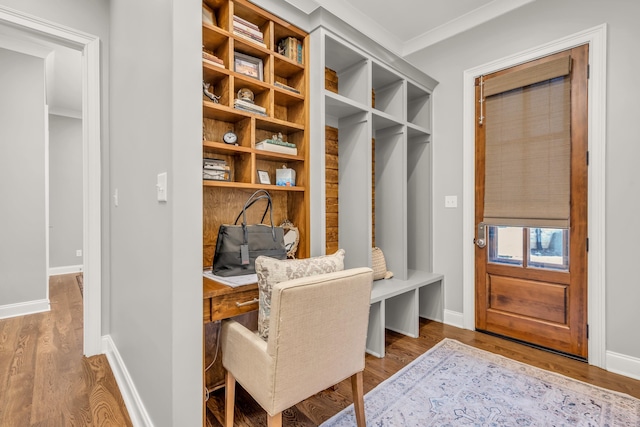 mudroom featuring wood finished floors, baseboards, and ornamental molding