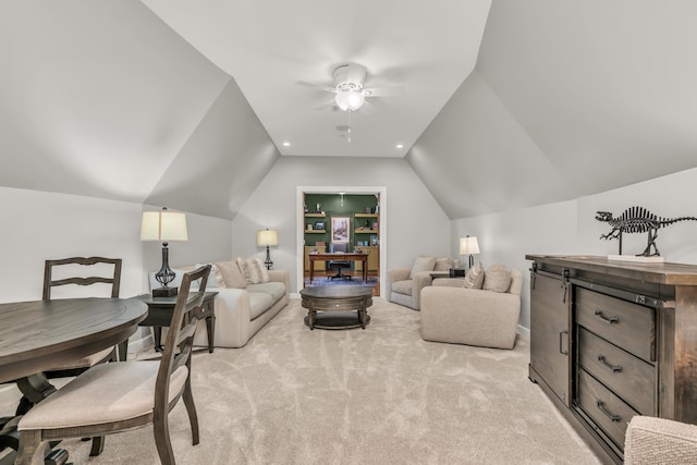 living area with recessed lighting, light carpet, lofted ceiling, and a ceiling fan