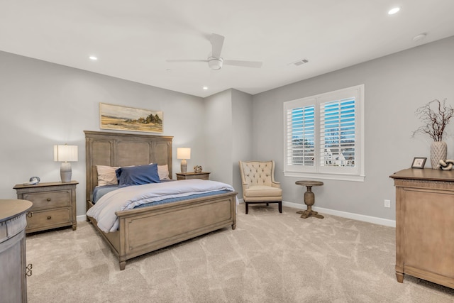 bedroom with visible vents, baseboards, recessed lighting, ceiling fan, and light colored carpet