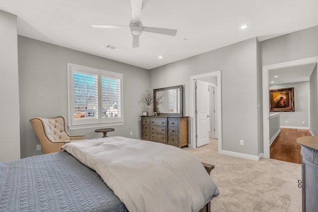 bedroom with recessed lighting, visible vents, baseboards, and light colored carpet