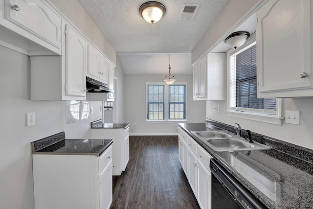 kitchen with visible vents, under cabinet range hood, a sink, black dishwasher, and dark wood-style flooring