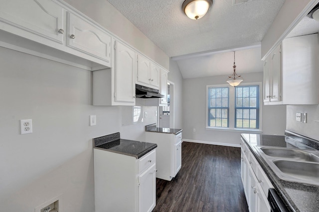 kitchen featuring under cabinet range hood, dark wood finished floors, vaulted ceiling, white cabinets, and a sink