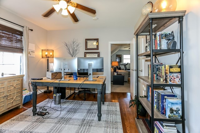 office space featuring wood finished floors and ceiling fan