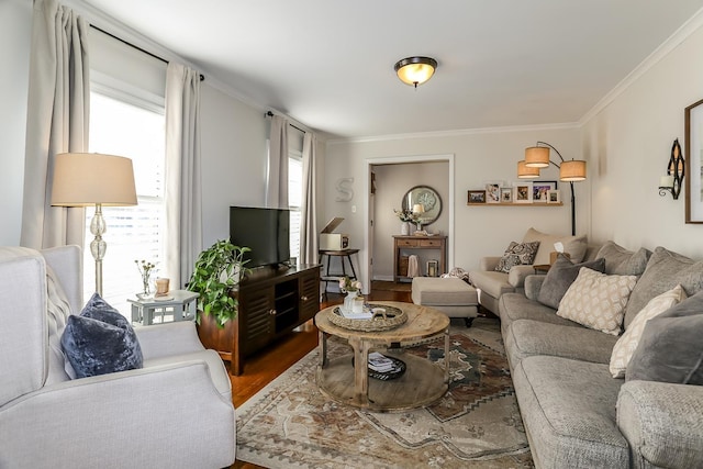 living area with wood finished floors and crown molding