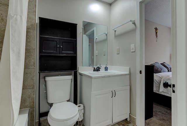 ensuite bathroom featuring vanity, a shower with shower curtain, a bath, ensuite bathroom, and toilet