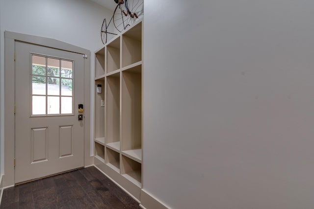 mudroom with dark wood-style floors