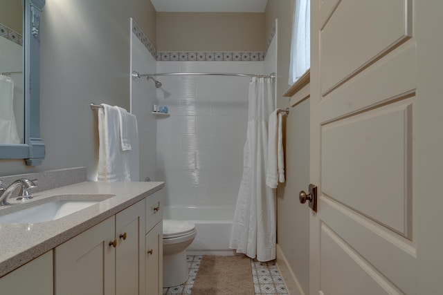 full bath featuring toilet, shower / bath combo, and vanity