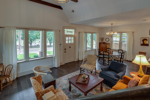 living room with visible vents, high vaulted ceiling, dark wood-style floors, baseboards, and a chandelier