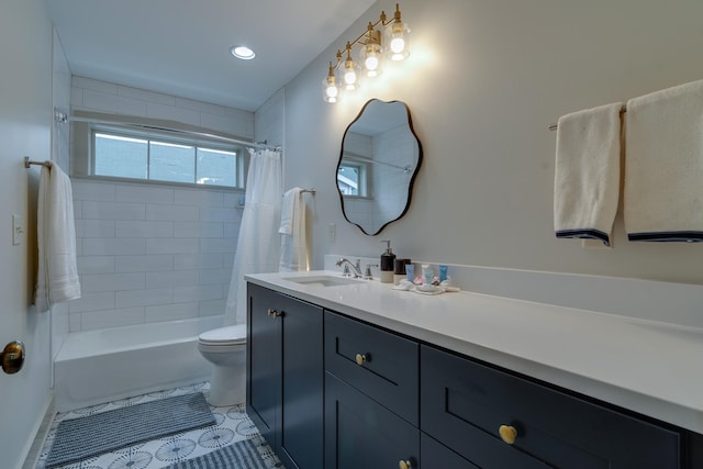 bathroom featuring tile patterned floors, toilet, vanity, and shower / bath combo