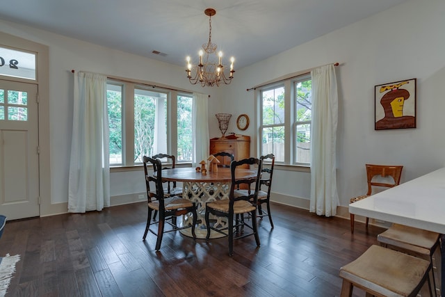 dining room featuring dark wood-type flooring, a healthy amount of sunlight, visible vents, and baseboards