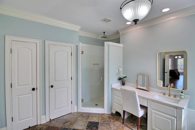 bathroom featuring visible vents, crown molding, recessed lighting, a stall shower, and vanity