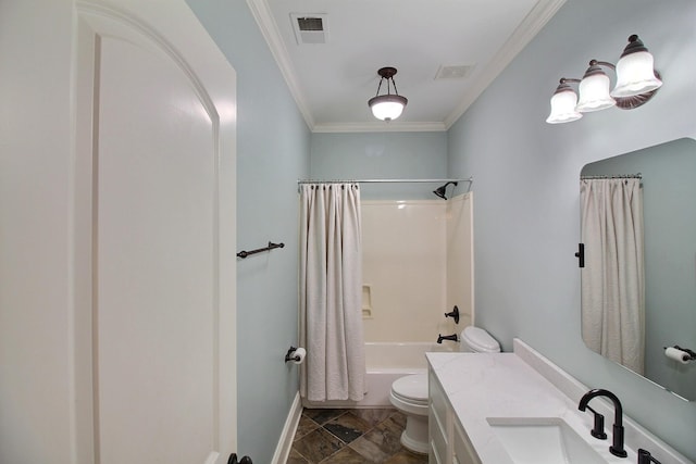 bathroom featuring visible vents, vanity, toilet, and crown molding