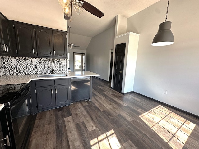 kitchen featuring light countertops, dishwashing machine, a peninsula, black / electric stove, and a sink