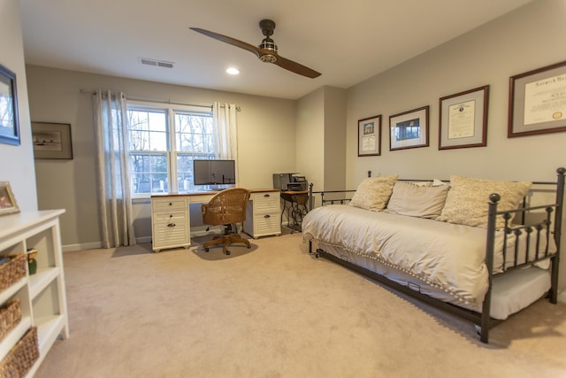 carpeted bedroom with recessed lighting, baseboards, visible vents, and ceiling fan