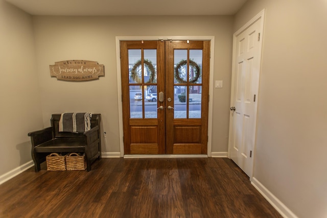 doorway to outside featuring dark wood-style floors, french doors, and baseboards