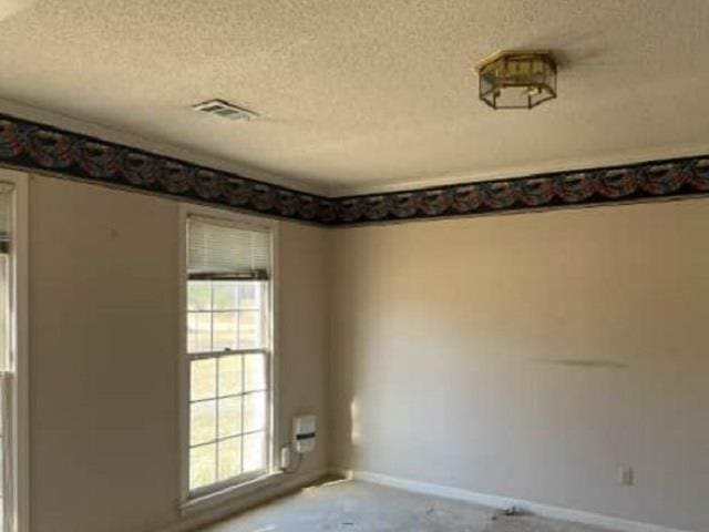 spare room with baseboards, a textured ceiling, and a healthy amount of sunlight