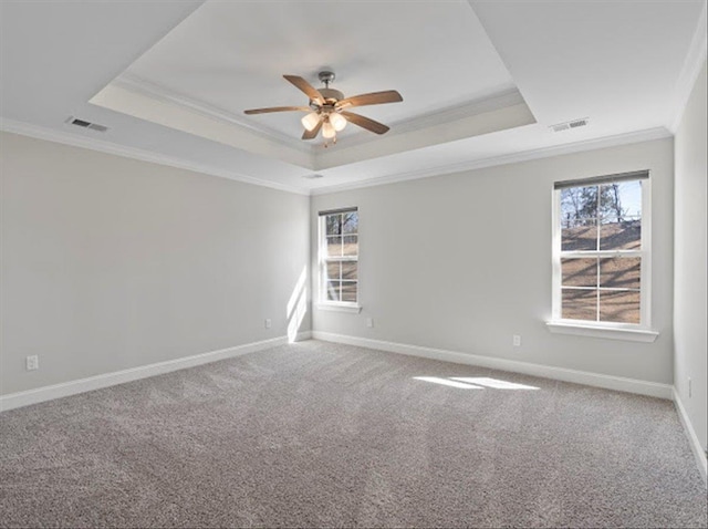 carpeted empty room featuring baseboards, a raised ceiling, and crown molding