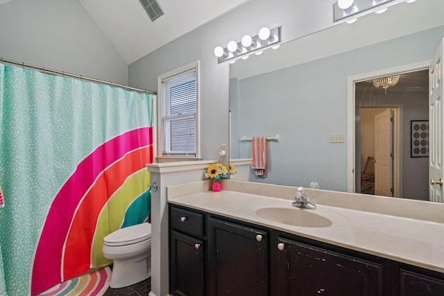 full bathroom with visible vents, a shower with curtain, toilet, vanity, and vaulted ceiling