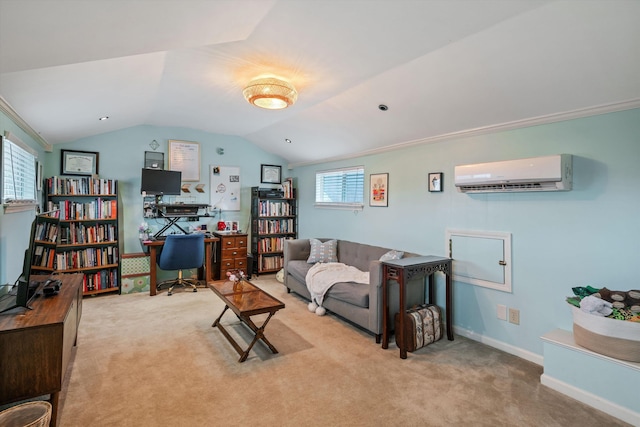 carpeted living room with baseboards, a wall mounted AC, and lofted ceiling