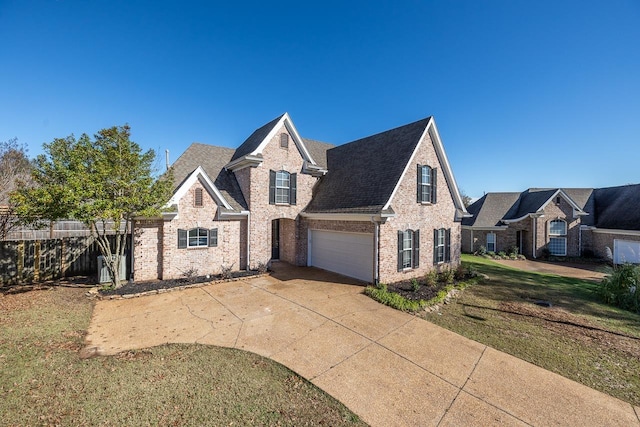 view of front of home featuring driveway, roof with shingles, a front yard, a garage, and brick siding