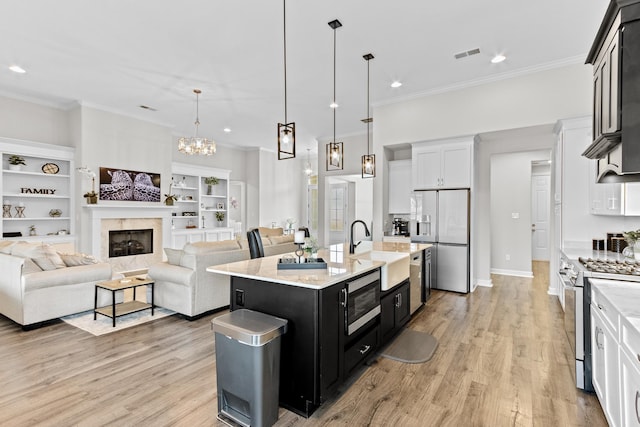 kitchen with visible vents, dark cabinets, appliances with stainless steel finishes, light wood-style floors, and a sink