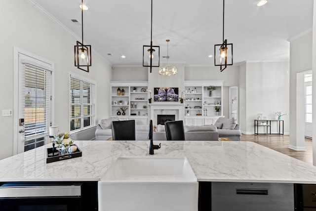 kitchen with crown molding, a premium fireplace, light stone counters, wood finished floors, and a sink