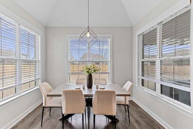 dining room with baseboards, lofted ceiling, and dark wood-style flooring