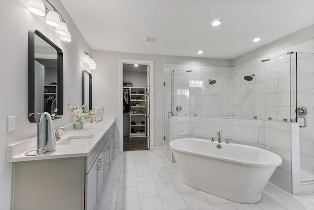 full bath featuring a sink, a stall shower, and a spacious closet