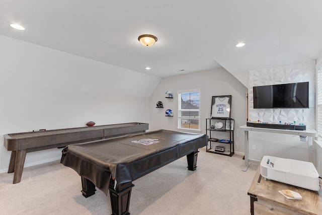 game room featuring lofted ceiling, recessed lighting, light colored carpet, and baseboards