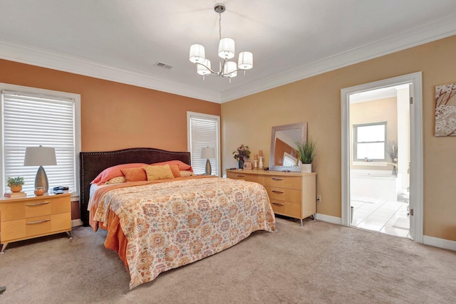 bedroom with visible vents, light colored carpet, a chandelier, and crown molding