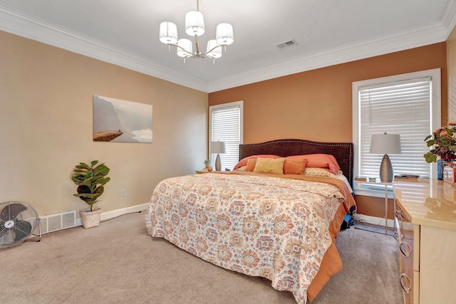 bedroom with light carpet, visible vents, crown molding, and an inviting chandelier