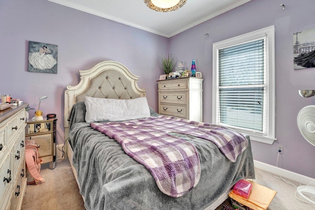 bedroom featuring light colored carpet, baseboards, and ornamental molding