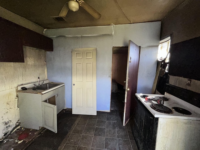 kitchen with a sink, a ceiling fan, and electric stove