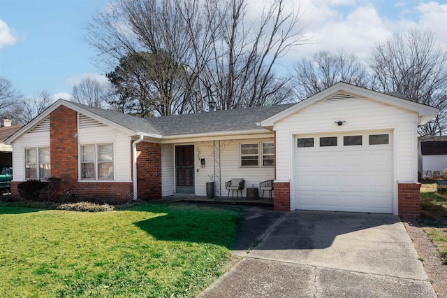 ranch-style house featuring brick siding, a front lawn, a porch, a garage, and driveway