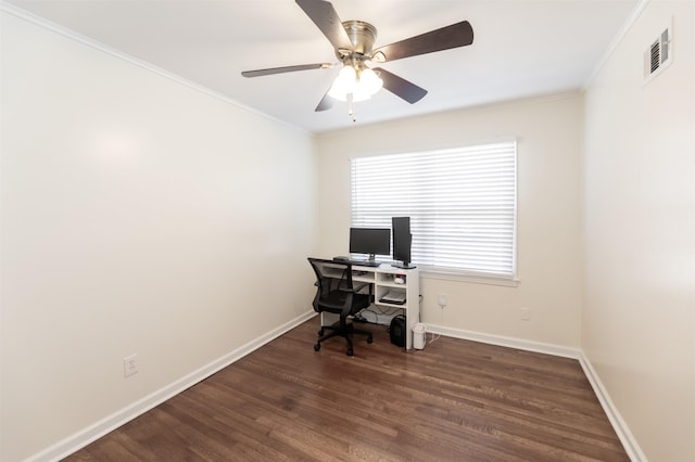 office space featuring visible vents, crown molding, baseboards, wood finished floors, and a ceiling fan