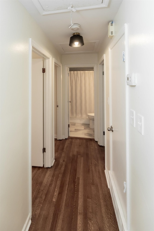 hallway featuring dark wood finished floors, attic access, and baseboards