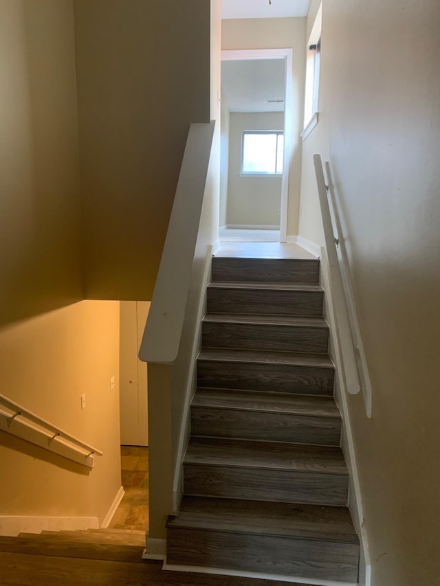 stairway featuring wood finished floors