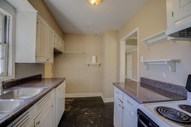 kitchen with open shelves, a sink, white appliances, white cabinets, and baseboards