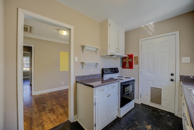 kitchen featuring dark wood-style floors, baseboards, open shelves, electric stove, and white cabinetry