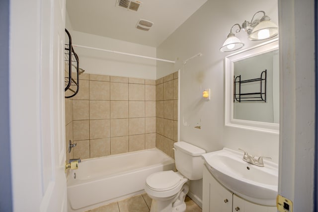 bathroom with vanity, visible vents, tile patterned flooring, bathtub / shower combination, and toilet