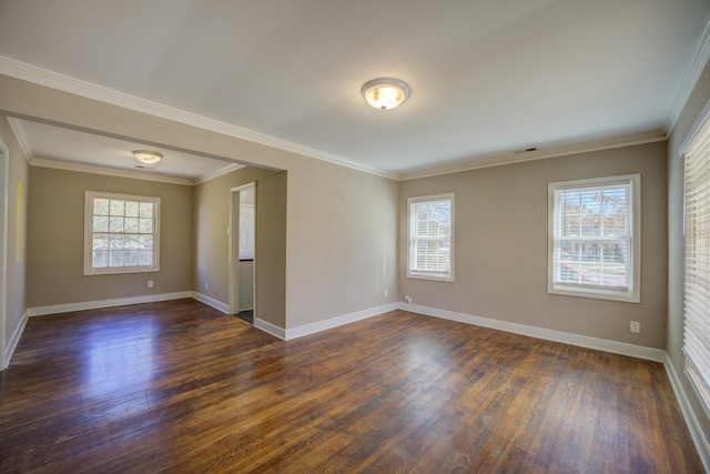 empty room with plenty of natural light, baseboards, and dark wood-style flooring