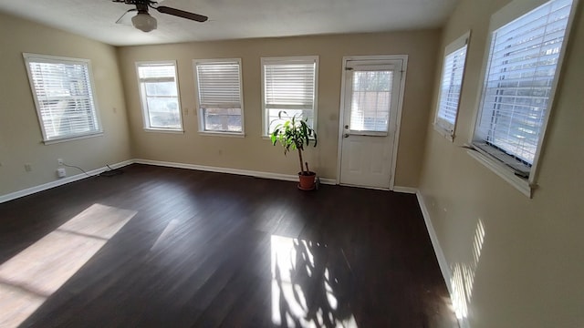 foyer entrance featuring a wealth of natural light, baseboards, and wood finished floors