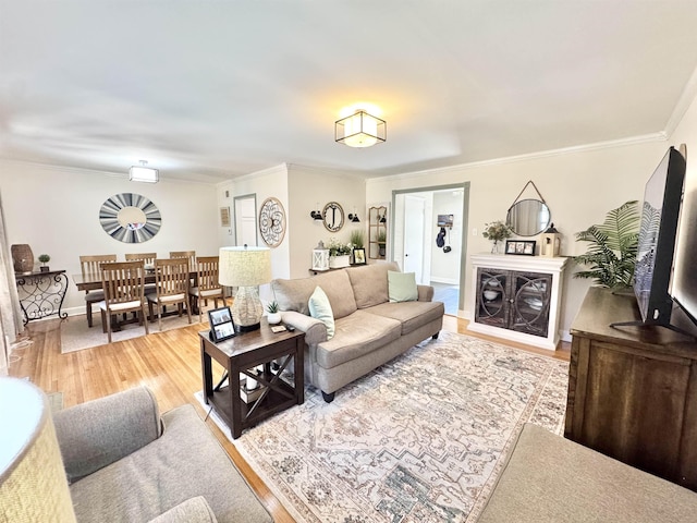 living room featuring wood finished floors and crown molding