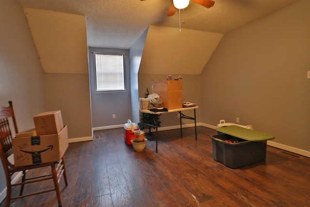 134 Willow Creek Dr, Ripley, TN 38063 - home office with hardwood / wood-style floors, baseboards, visible vents, vaulted ceiling, and a textured ceiling