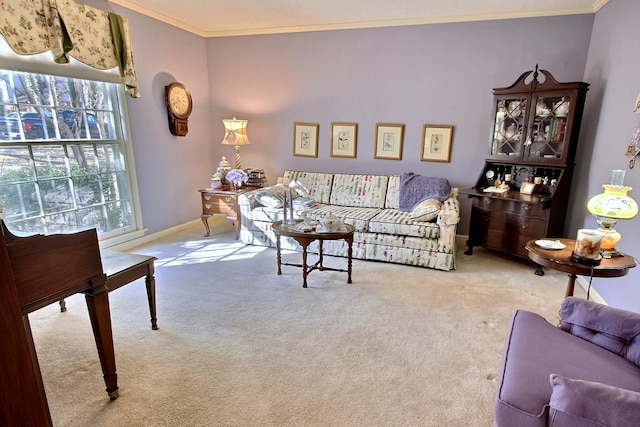 living area with carpet flooring, baseboards, and ornamental molding