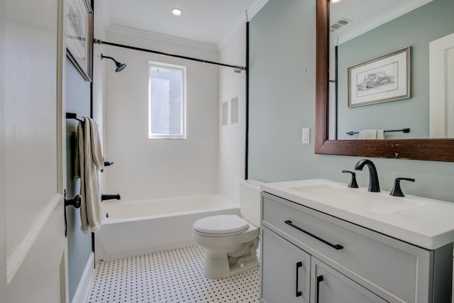 bathroom featuring visible vents, toilet, ornamental molding, vanity, and shower / bathtub combination